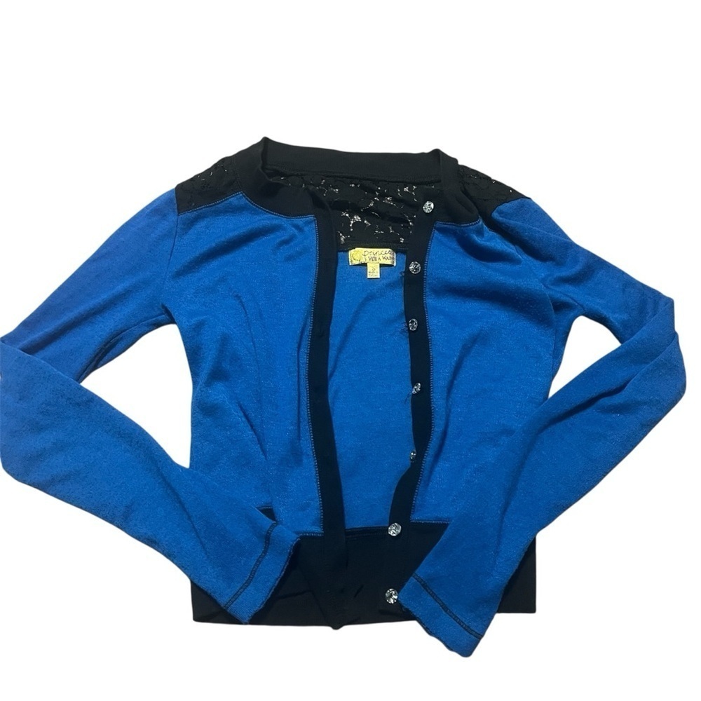 2000s Princess Vera Wang Royal Blue Cardigan Size Small Lace Crystal Buttons Y2K
